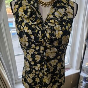Tahari Ruffle Black and Yellow Floral Blouse